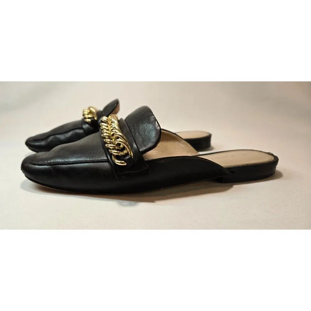 Gianni Bini Black Flat Mule Slip-On Gold Chain Sz 7 Leather Embellished Career - Picture 4 of 10